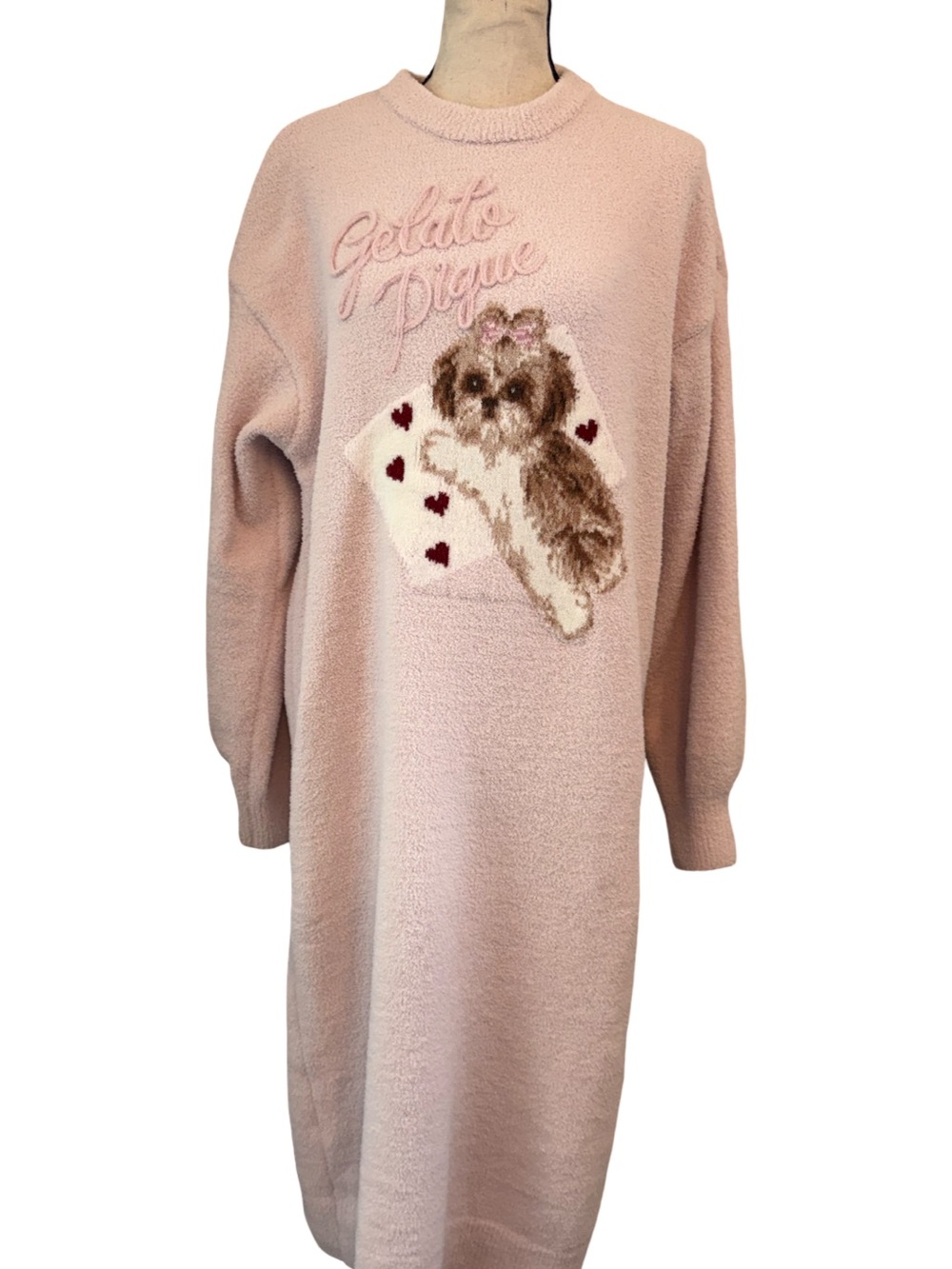 Gelato Pique One Size Pink Dog Embroidered Knit Sweater Dress Loungewear PJ